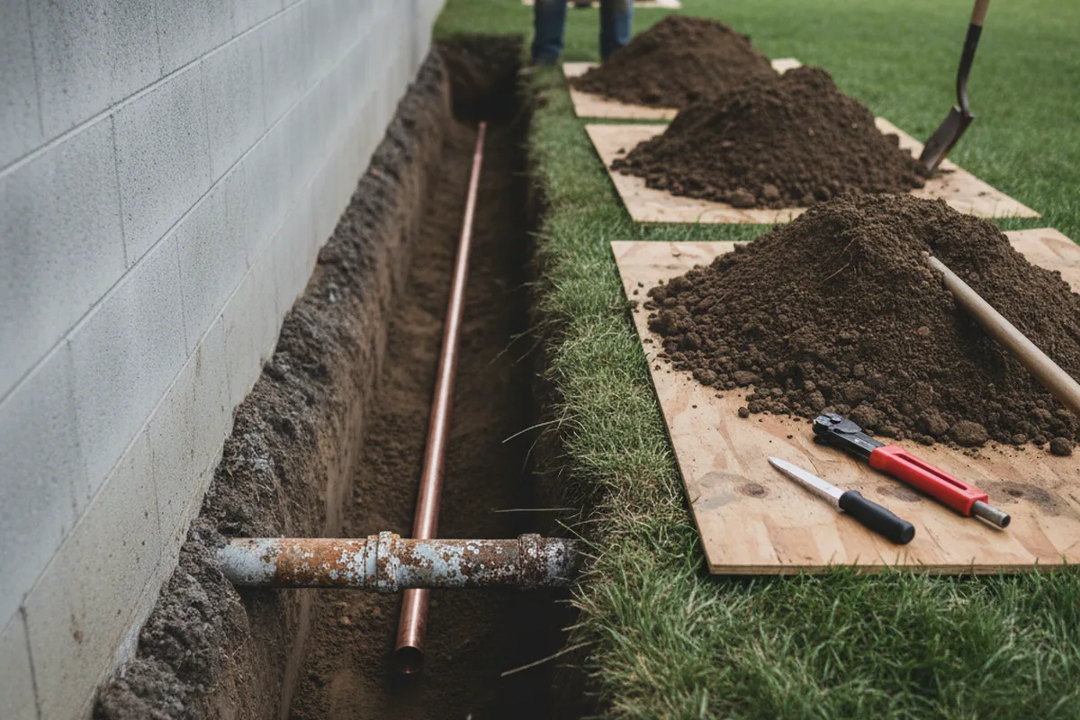 Excavated water line trench during Water Softener Installation in Wingate